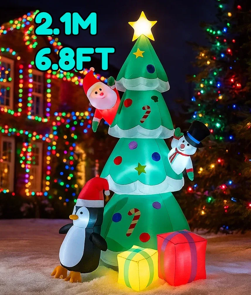 6.8FT Christmas Decorations Inflatable Christmas Tree Snowman Penguin Gift Box Toys Home Yard Ornaments with LED Pary Decor Toy