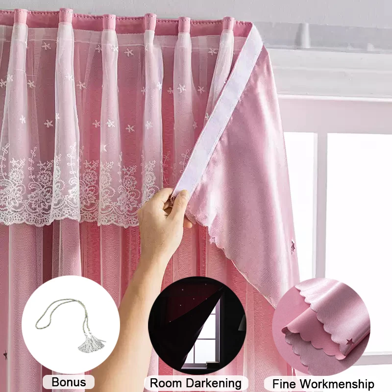 

Punch Free Self-Adhesive Curtains Hollow Star with Lace Sheer Tier Curtains Blackout Shading Drapes for Living Room Bedroom Home