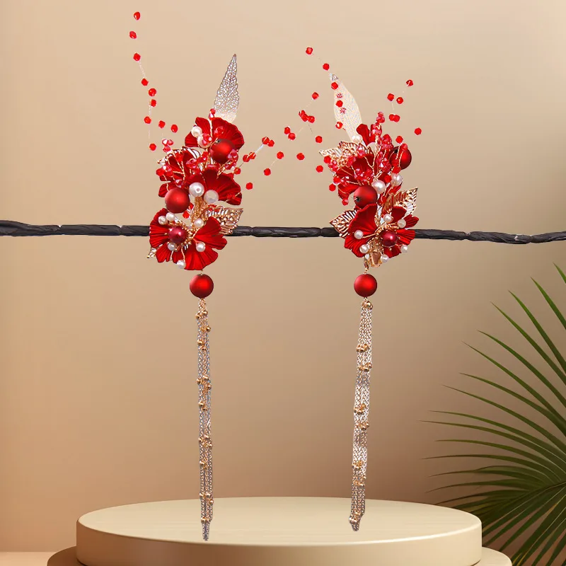 Red Flower Tassel Hairpin Chinese Traditional Style Side Hair Clip Girls Fairy Headdress Wedding Bride Hair Jewelry Wholasale