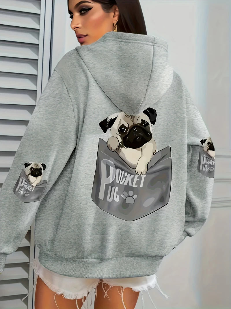 Pocket Pug Hoodies Women Cartoons dog Prints Hooded Loose Pockets Sweatshirts Winter Fleece Warm Tops Street Black Woman Clothes