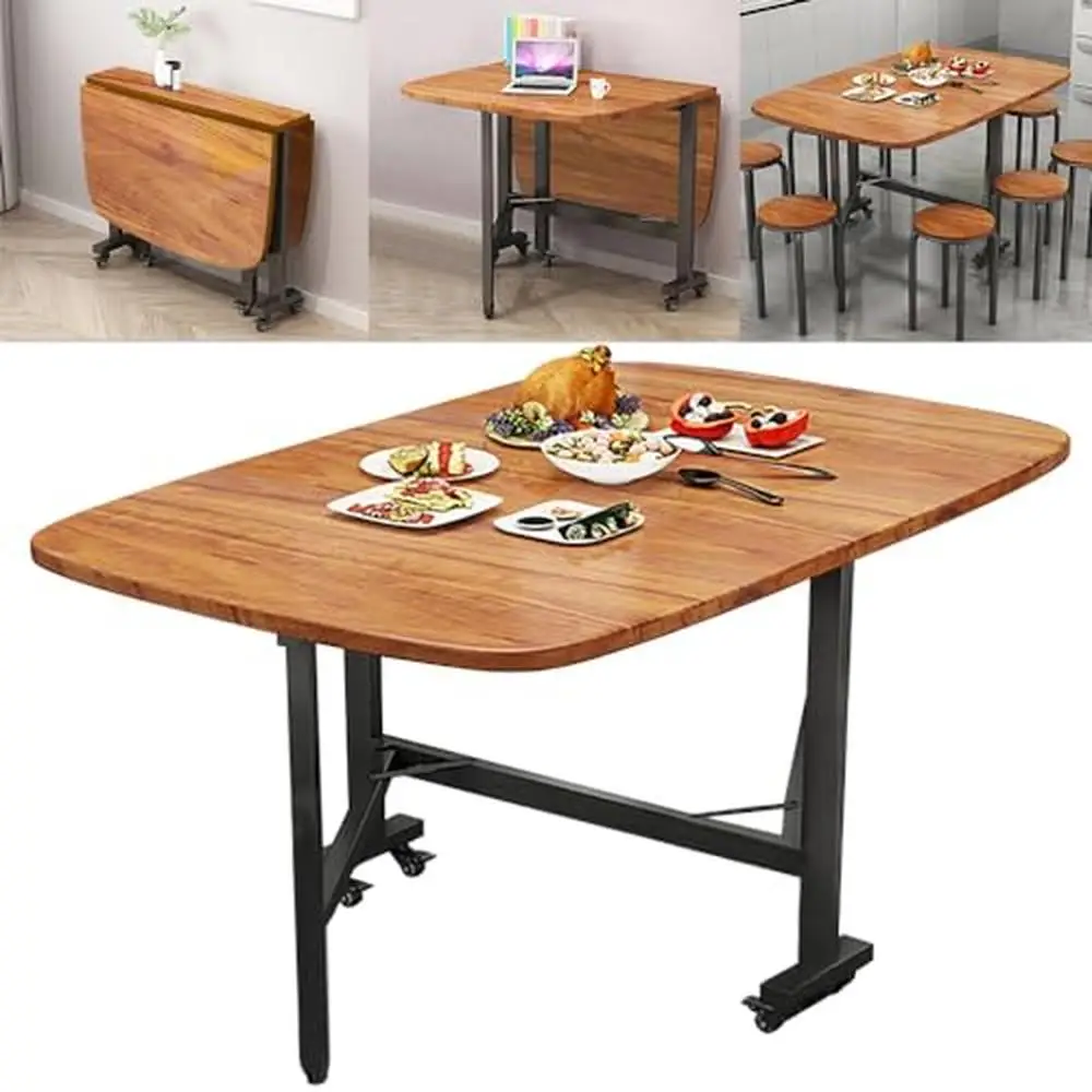 Mobile Solid Wood Dining Table Foldable Drop Leaf Kitchen  with 6 Lockable Wheels