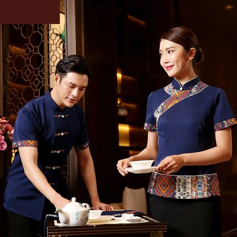 

Customized DIY Waiter Work Wear Clothes Summer Short Sleeve Hotel Waitress Uniform High Quality Chinese Restaurant Shirt+Apron