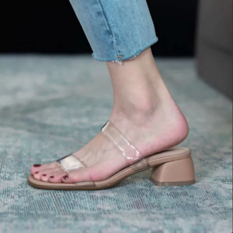 New Summer Transparent Thick Middle Heel Sandals for Women Outer Wear Fashion Flip Flops Slip on Slippers Fashion Party Footwear