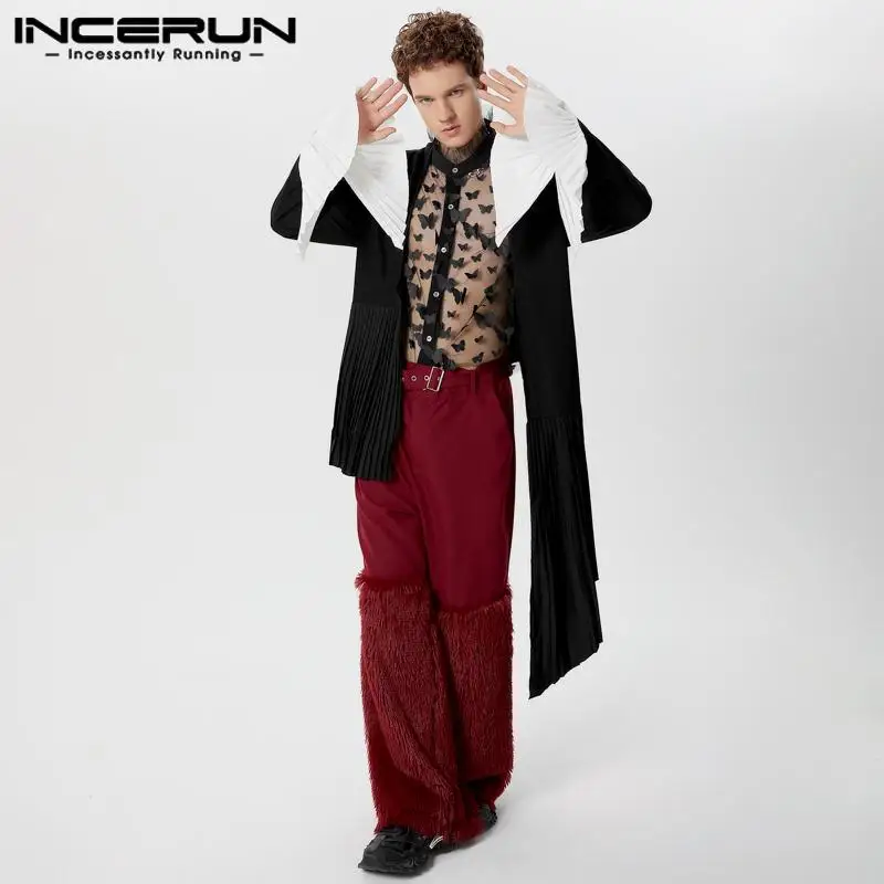 INCERUN Men Irregular Blazer Pleated Patchwork V Neck Long Sleeve Casual Suits Men Streetwear Open Stitch 2024 Thin Coats S-5XL