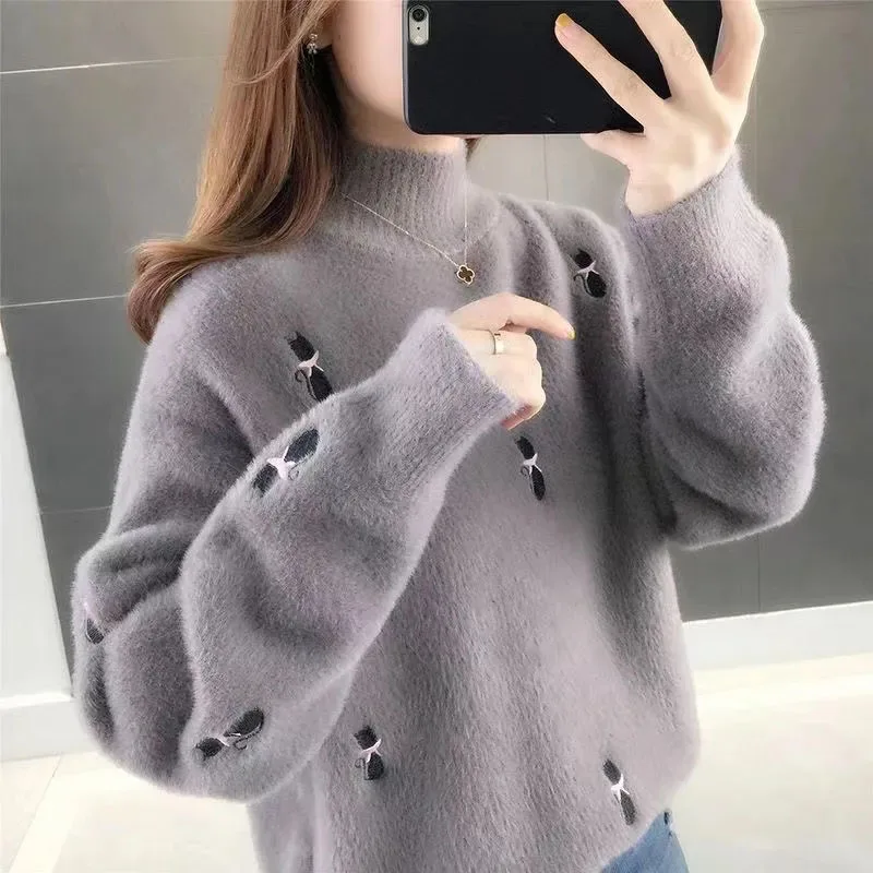 

New Women's Pullover Sweaters High Half Neck Autumn Winter Warm Knitted Bottoms Cute Cat Decoration Female Knitwear Jumper Gray