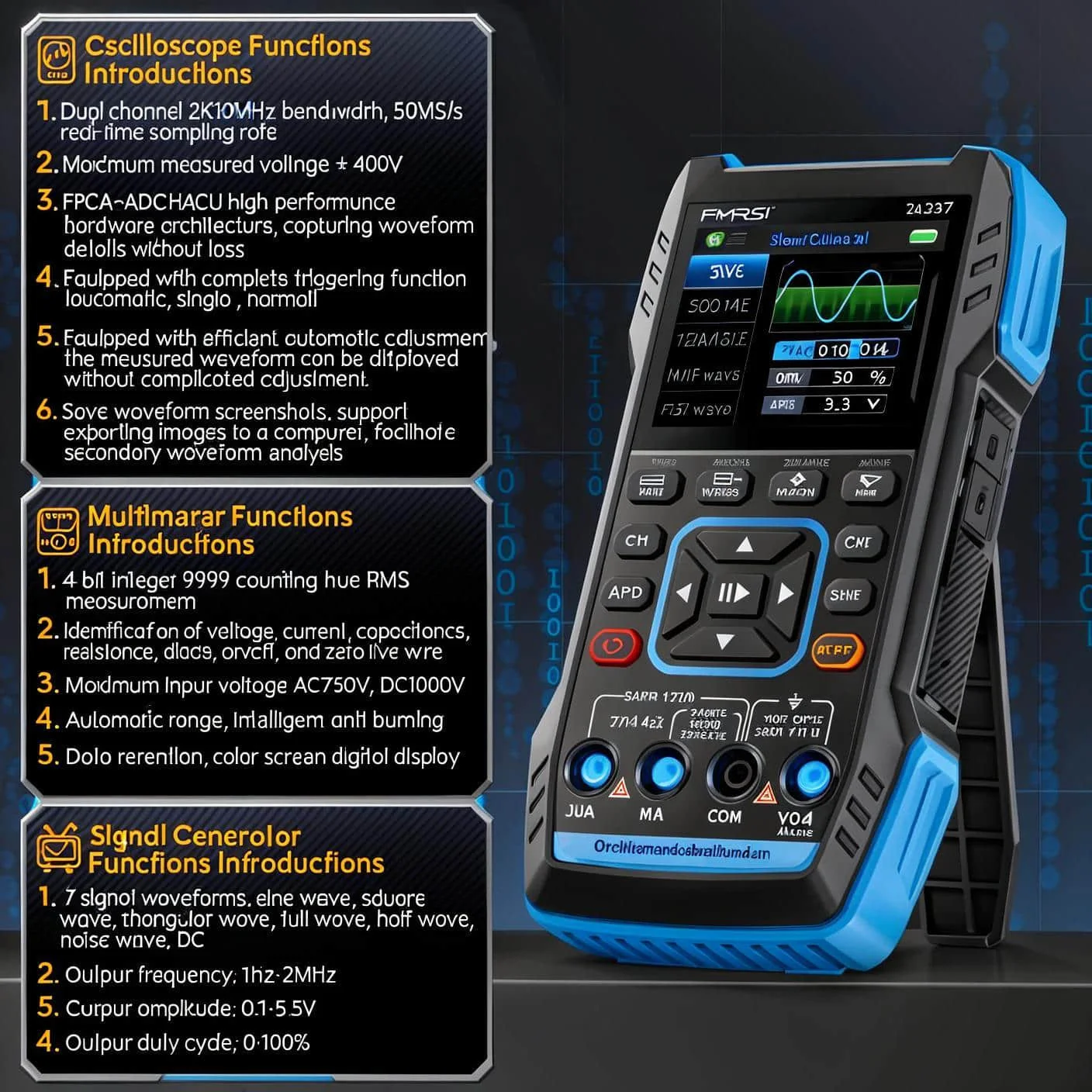 

2C23T Efficient Handheld Digital Oscilloscope, Integrated Multimeter & Function Signal Generator, Dual Channel 10M*2 50MS/s