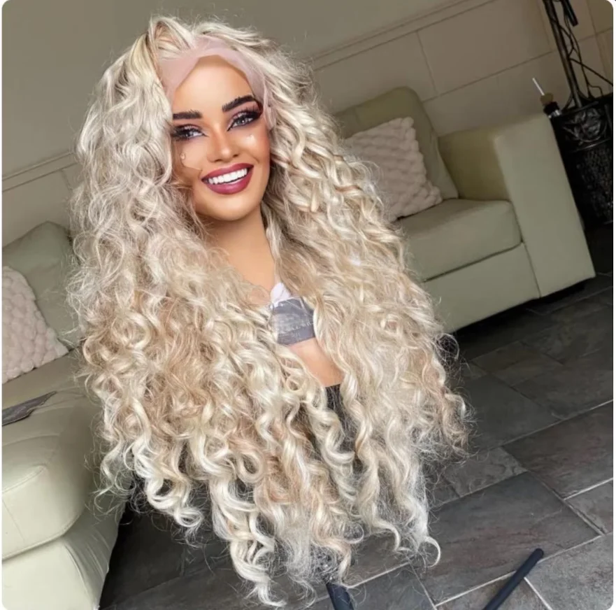 Afro Kinky Curly  Synthetic Lace Front Wig Long Light Blonde Wigs For Women 13*4 HD Transparents Lace Top Wigs Costumes Woman