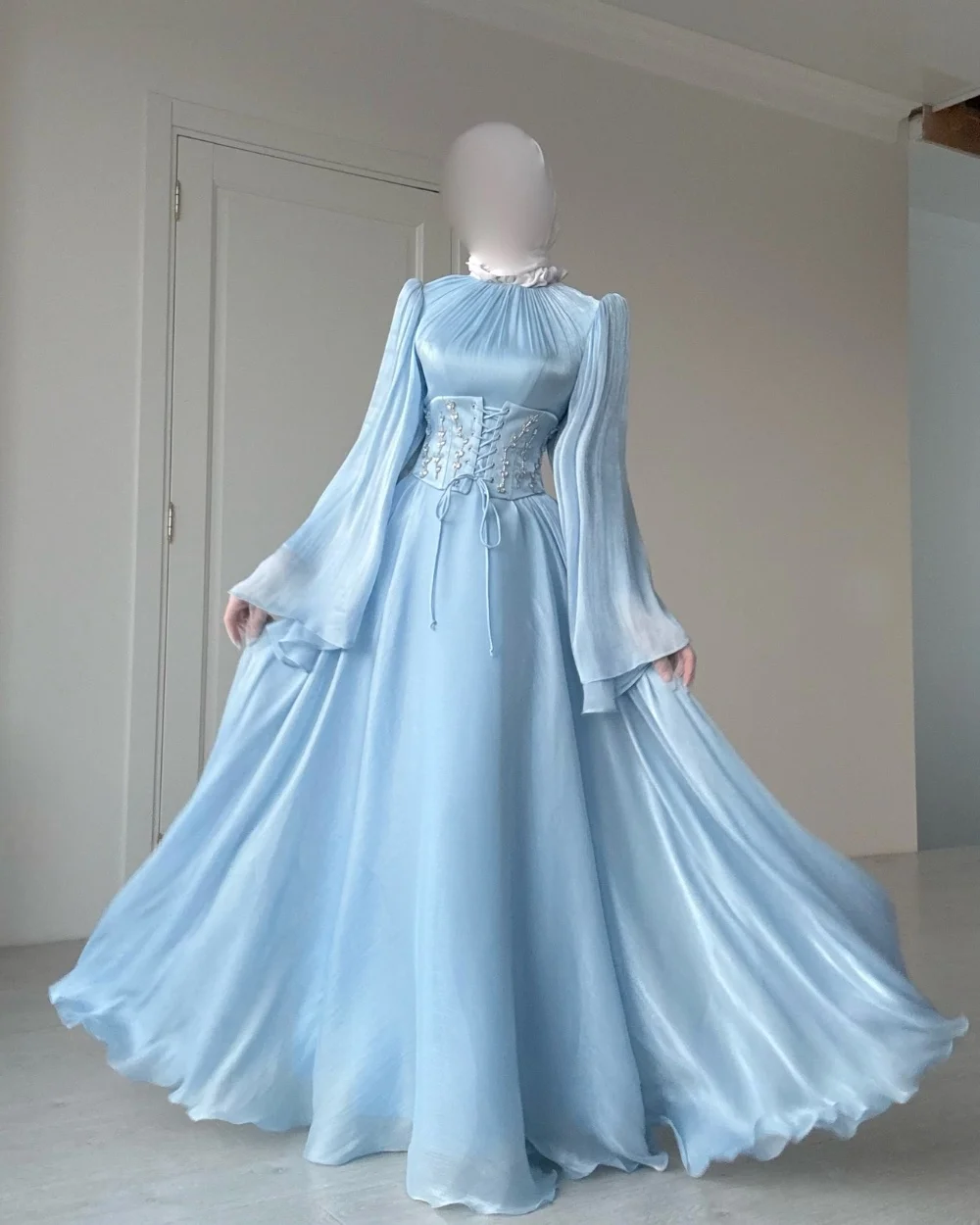 

Customized Sky Blue Exquisite Matching Pleat Ruched Rhinestone A-line High Collar Long Dresses Evening Dresses for Woman Retro