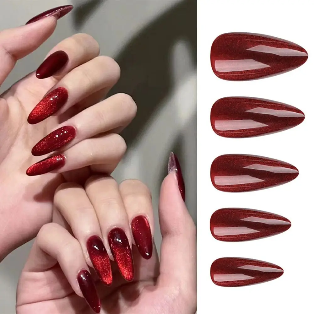 Maniküre Lange Mandel Falsche Nägel Rotes Katzenauge Fake Nials Französische abnehmbare Nagelspitzen DIY