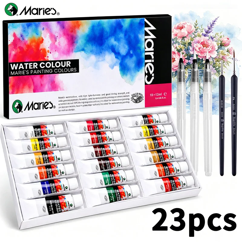 23-teiliges Marie's Art Aquarellfarben-Set mit 5 Pinseln, Reichhaltige Pigmente, Leicht zu Verblenden, Geschenk für Künstler (12ml/0,41fl.oz pro Farbe)