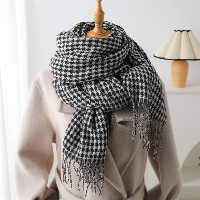 Houndstooth Imitation Cashmere Scarf Warm Neck Thickening Shawl Men Women Autumn Winter Popular Tassel Scarves Bufanda Blanket