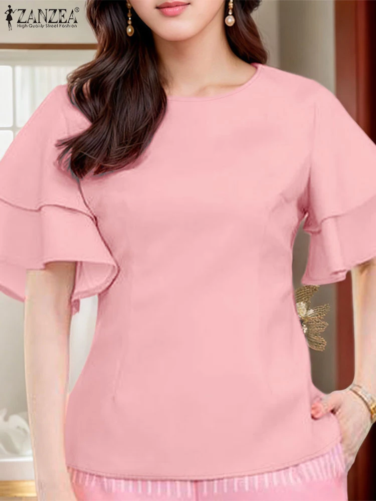 

2025 Fashion Blouse ZANZEA Women Summer Half Sleeve Ruffled Tops Casual Loose O-Neck Solid Color Shirts Elegant Blusas Femininas