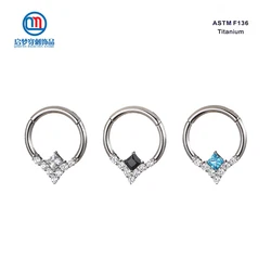 QM 16G ASTM F136 티타늄 코 링 클리커, 사각형 지르콘 힌지 세그먼트 귀걸이, 연골 후프 바디 피어싱 쥬얼리