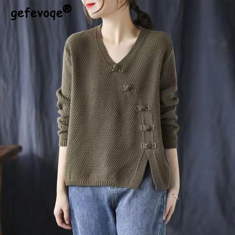 Autumn Winter Literary Vintage Buttons V-neck Sweater Ladies Loose Casual Knitting Pullover Top Women All-match Jumper Outwear