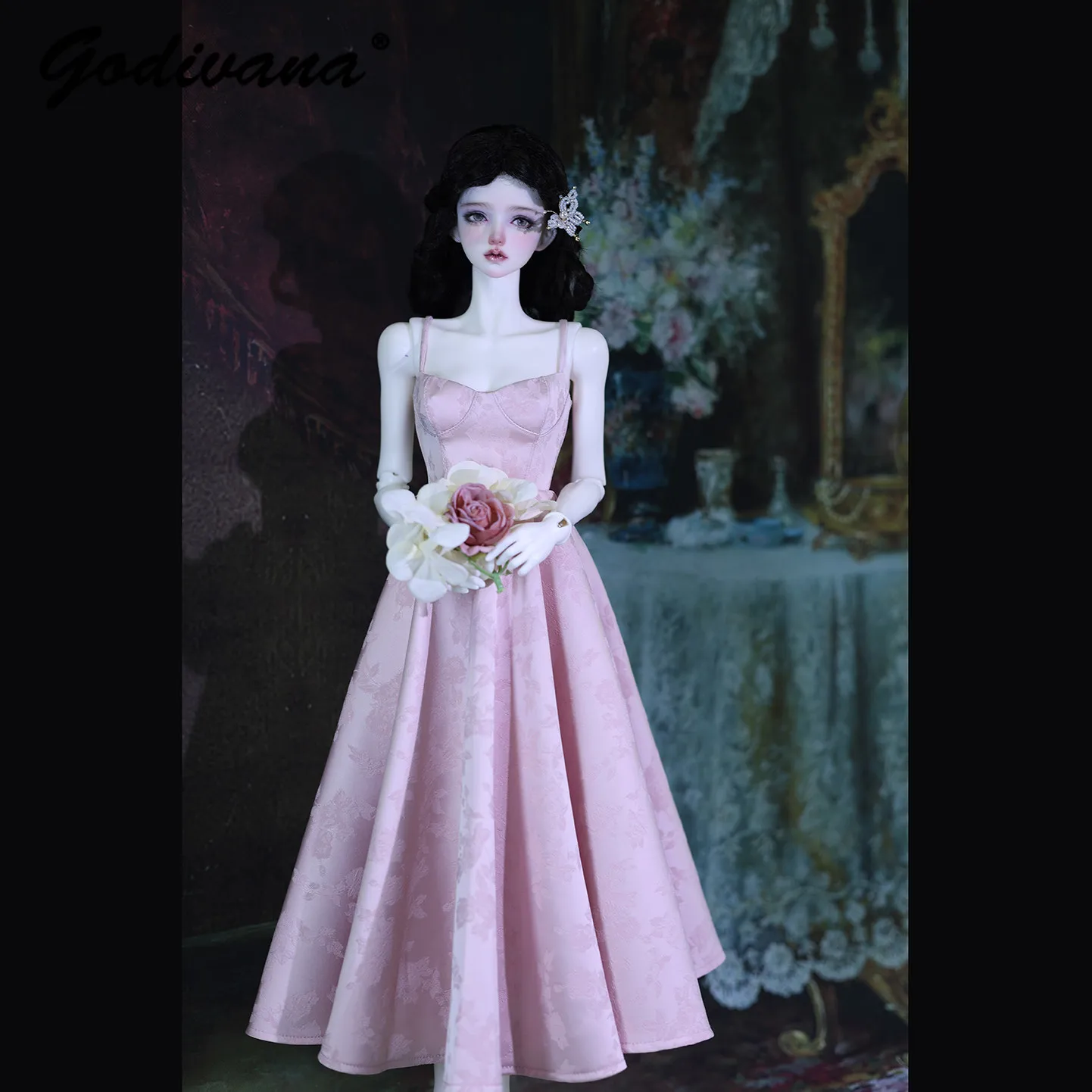 1/3 1/4 Large Female BJD Doll Clothes Vintage Satin Rose Textured Suspender Dress Elegant High End Slim Waist Maxi Evening Gown