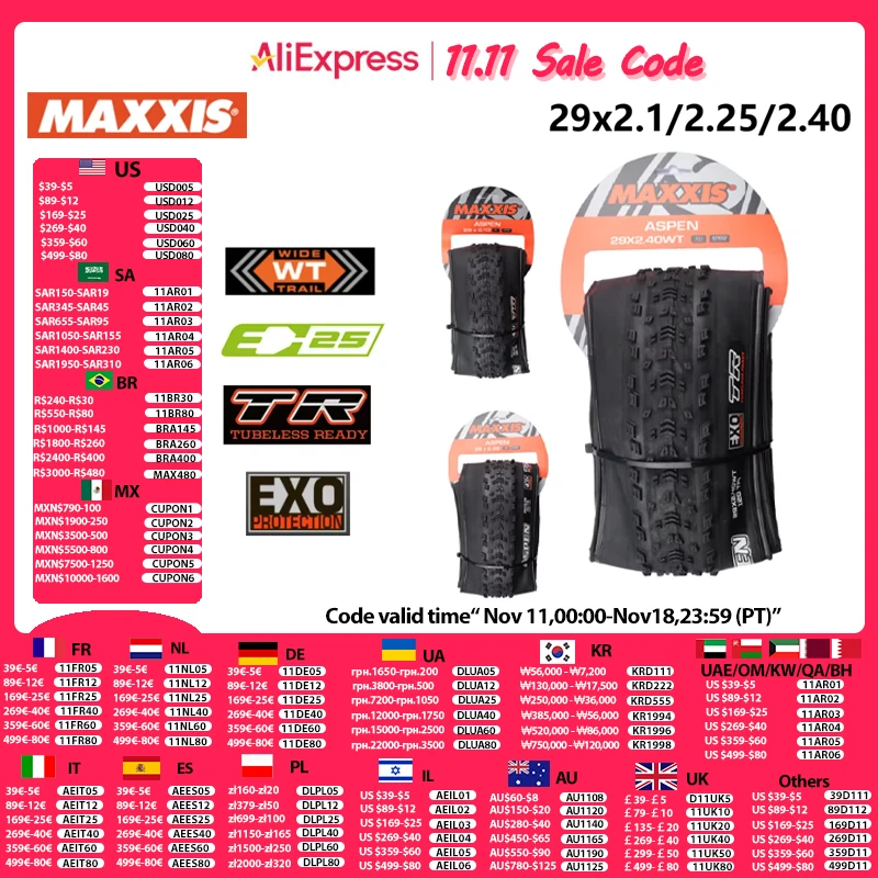 MAXXIS ASPEN Original XC neumáticos para bicicleta todoterreno neumáticos de vacío para bicicleta de montaña neumático de bicicleta sin cámara antiperforación 29x2,1/2,25/2,4(WT)