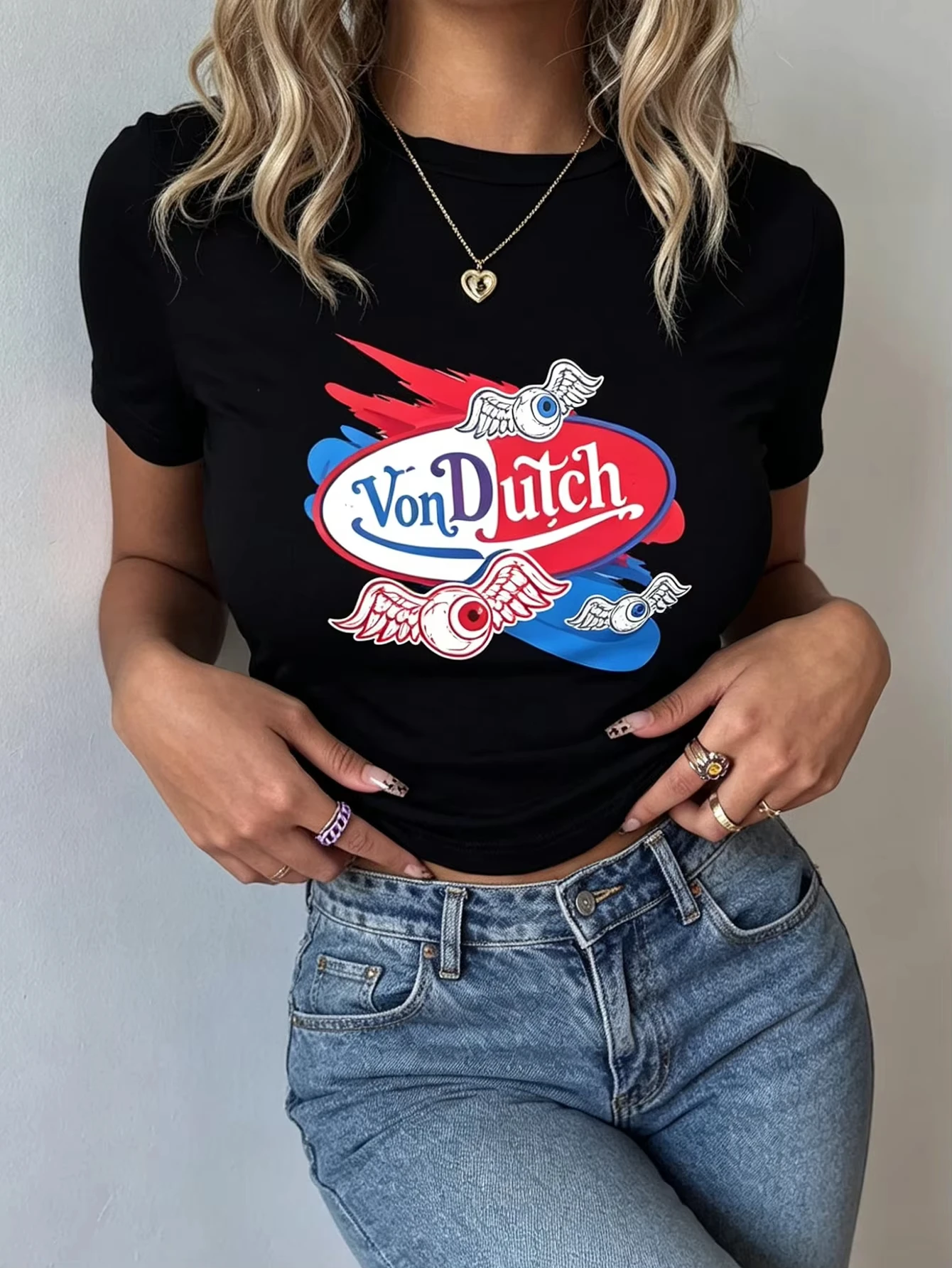 2026 Women's Y2K Vintage Street Style Von Dutch Wing-Eye Print Fitted Short-Sleeved Short Dress