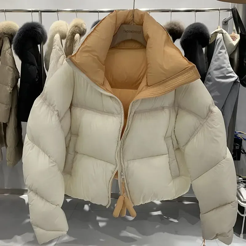 

Winter Color Block Jacket Women Short Styles Stand Collar Warm Jacket Long Sleeve Zipper Cotton-padded Coat Loose Chic Outerwear