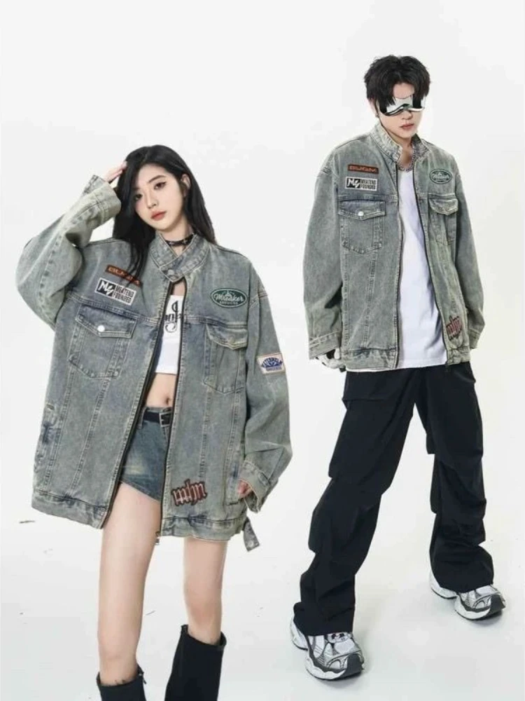 

Men's Denim Jacket Zipper Casual on Board Japanese Retro Size L Branded Original Korea Outwear with Embroidery Male Jean Coats