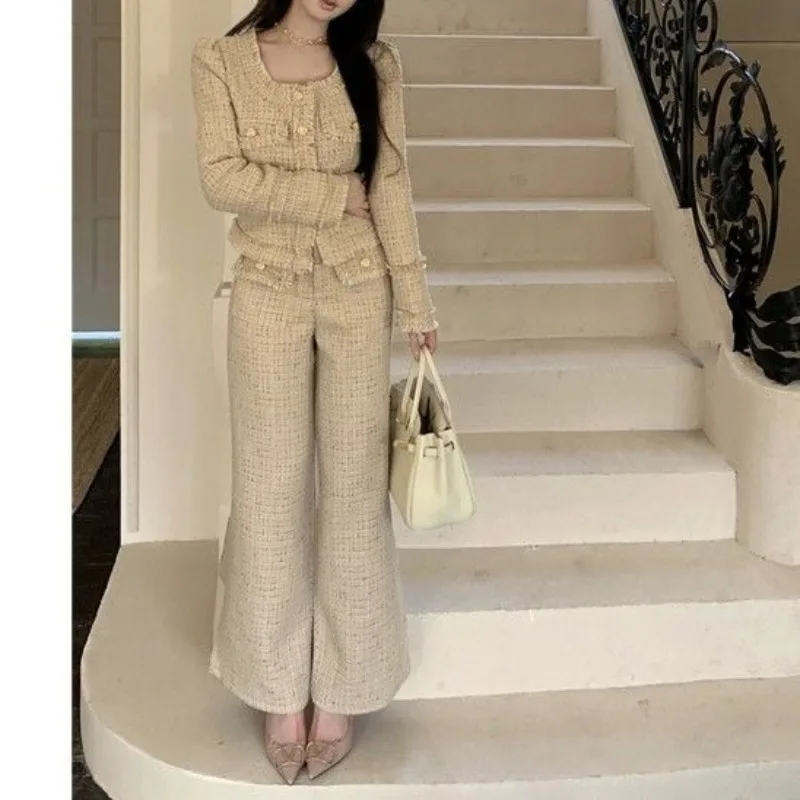 Fashionable Women Square Neck Long Sleeve Tassel Button Short Coat Autumn Winter High Waist Casual Wide Leg Pants Two Piece Set