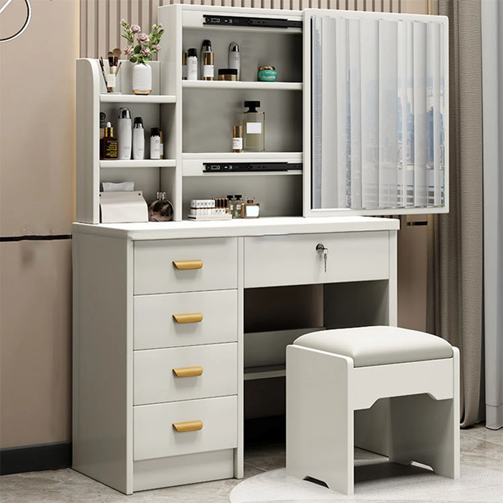 

Dressing Table Modern Multi Functional Lighted Mirror Vanity Desk with Drawers Shelves Padded Stool for Bedroom