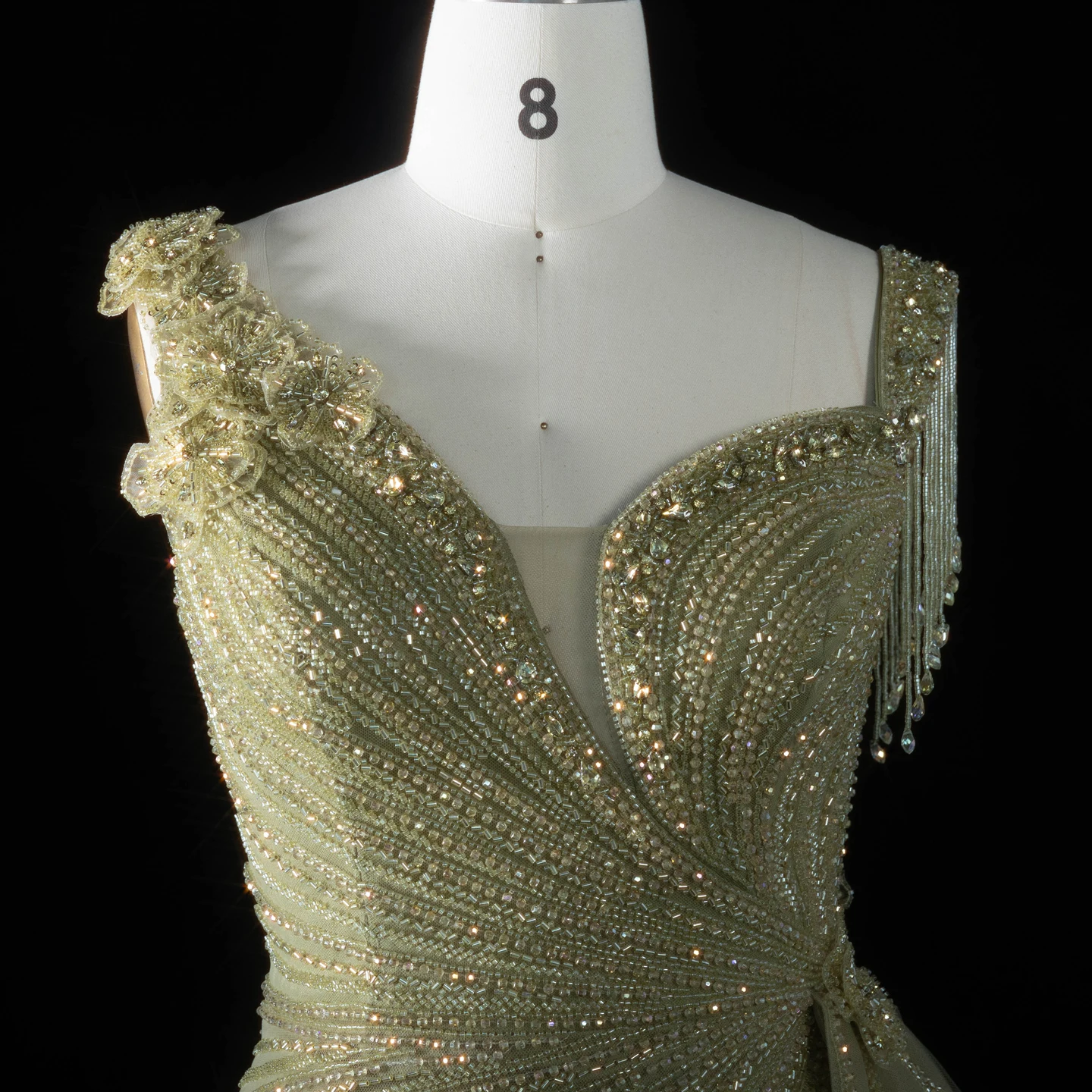 Sharon Said Abendkleid Glamouröses Grünes Tüllkleid mit Perlen und Quasten, Sweetheart-Ausschnitt, Luxuriöses Dubai-Formelles Hochzeits- und Partykleid SS103 Maßanfertigung – Detail 12