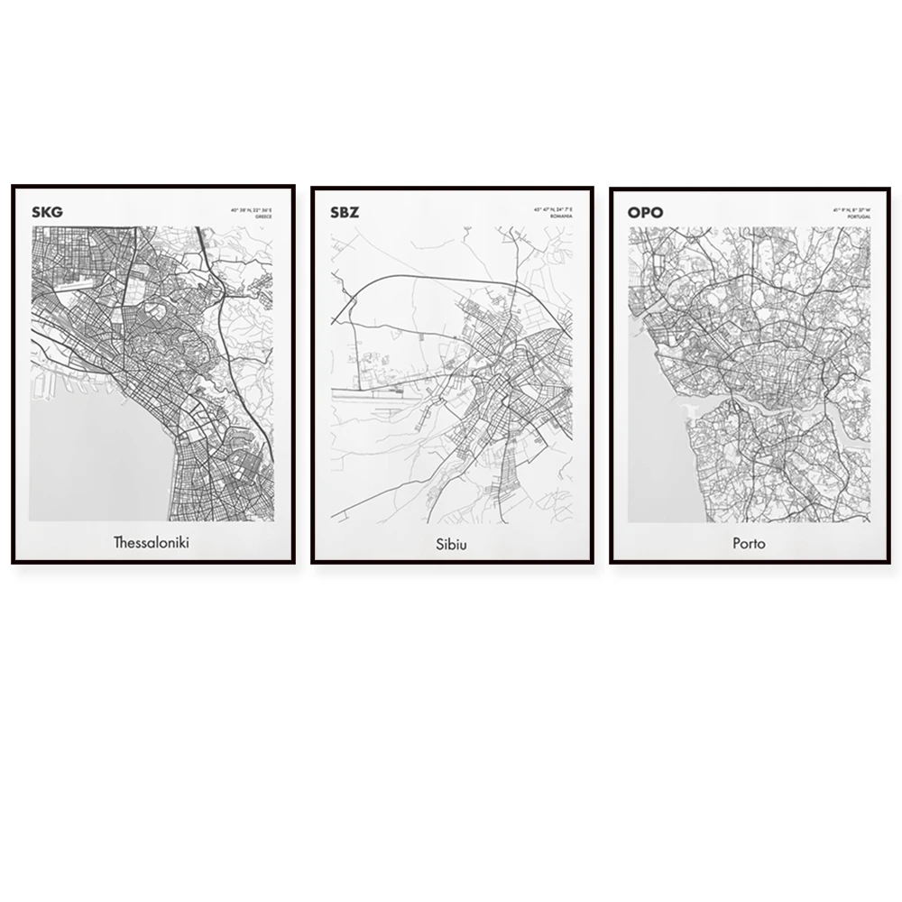 أوسلو النرويج، أليكانتي إسبانيا، لورونيا، سيبيو رومانيا، ألمانيا نوريمبرغ، ألمانيا ثيسالونيكي اليونان، بورتو البرتغال، ملصق خريطة مدريد