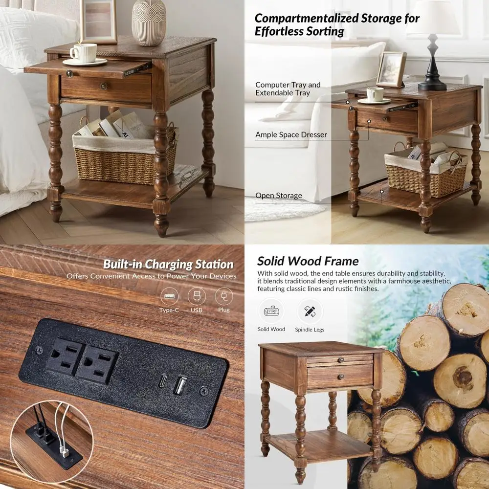 Meja Nakas Kayu Solid dengan Stasiun Pengisian Daya dan Rak yang Dapat Ditarik, Meja Samping dengan Desain Spindle untuk Kamar Tidur, Furnitur Penyimpanan dengan Laci dan Rak