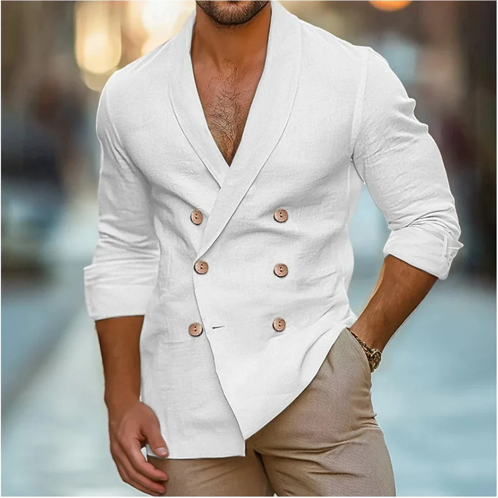 

Fashionable Outerwear Double-breasted Shirt Holiday Casual Dark Blue Fashion Shirt Daily Summer Shirt Lapel Neckline Design