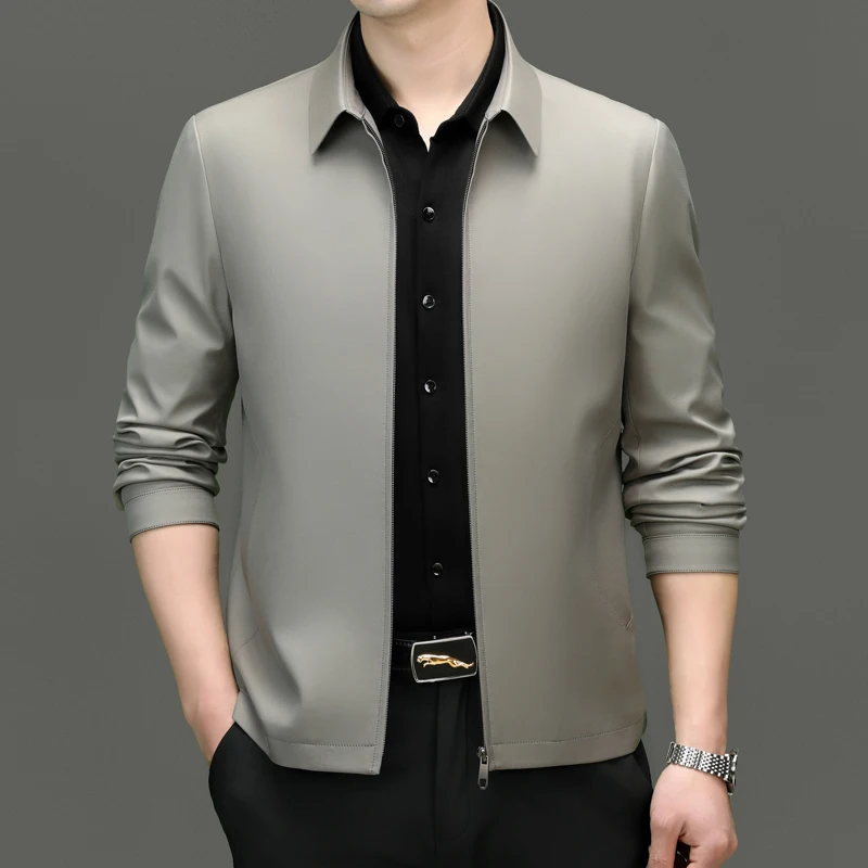 

2024 Spring New Men's Mulberry Silk Jacket Stylish and Handsome with Middle-aged Business Casual Lapel Solid Color Coat M-4XL