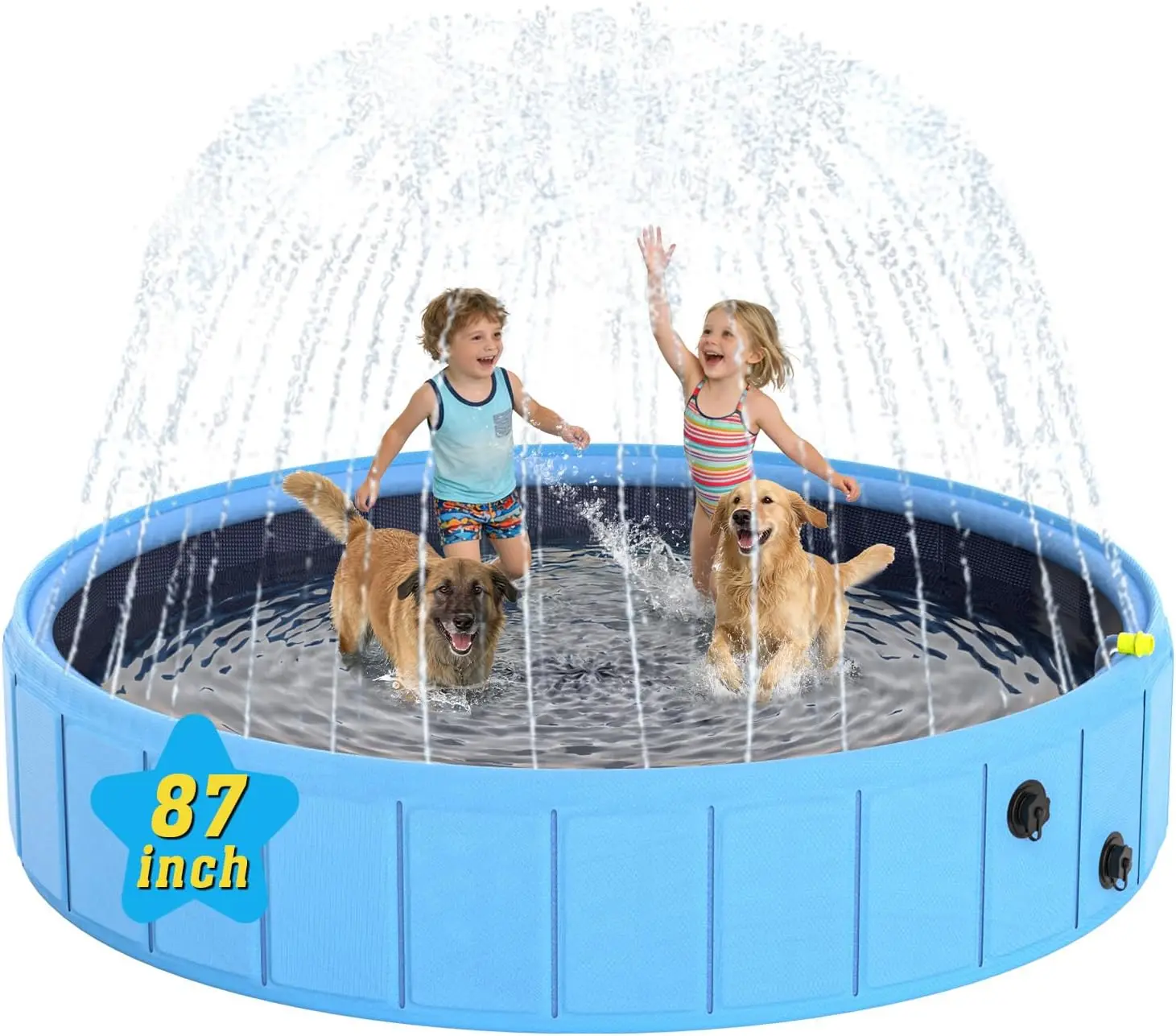 2-in-1 Foldable Dog Pool with Sprinkler, Extra Large Non-Slip Pet Swimming Pool, Outdoor Backyard Bathing Tub with Drain Plug