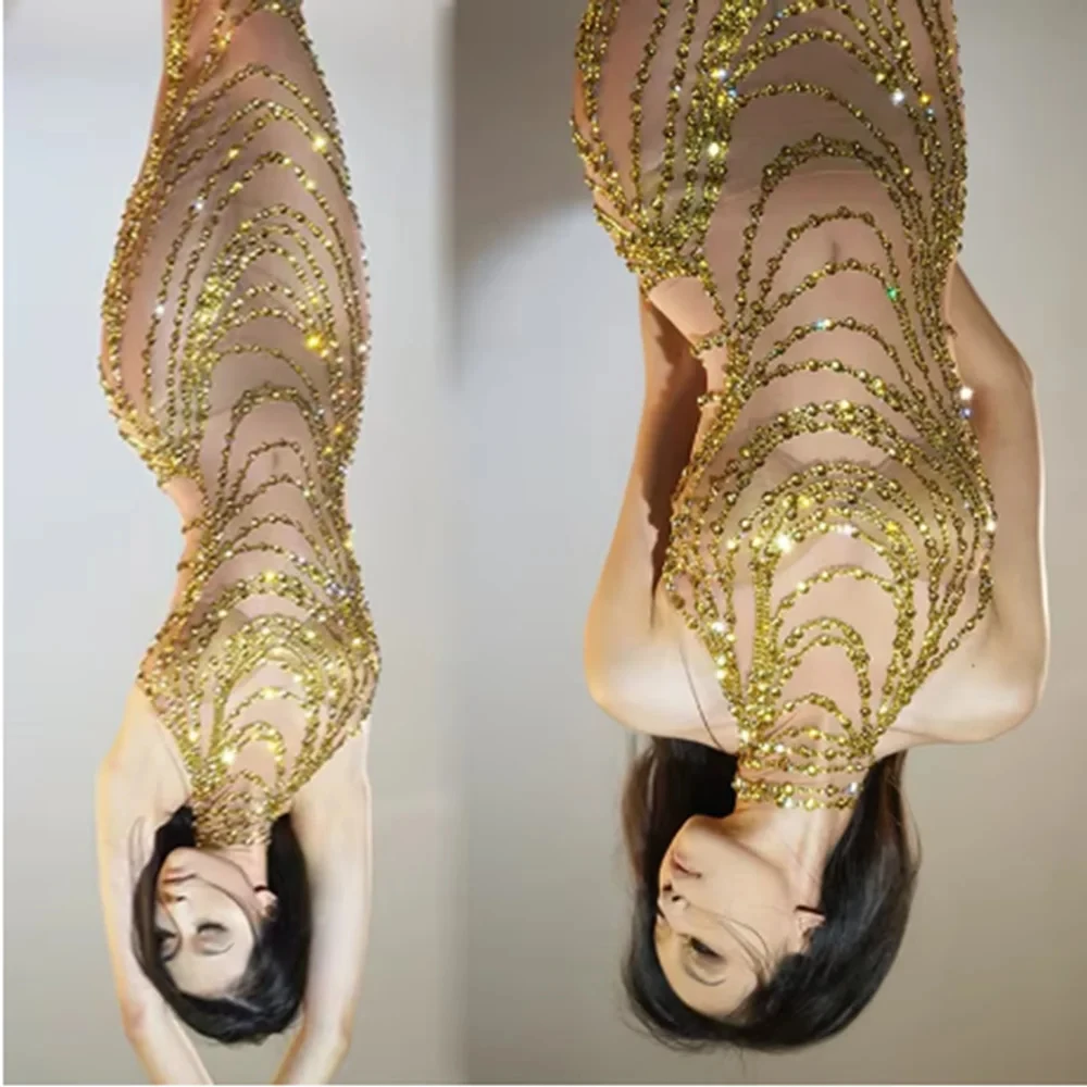 

Golden Evening Dresses Sexy Party Prom Diamond Singer Model Stage Costume Nightclub Party Show Clothes Drag Queen Dress