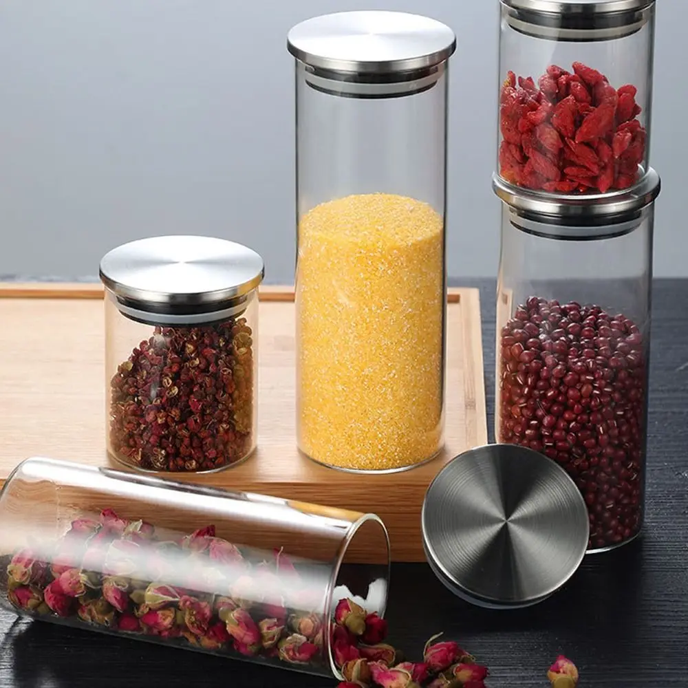 Transparent Storage Glass Jar Leakproof Moisture Proof Sealed Can with Stainless Steel Lid Coffee Bar Station Organizer