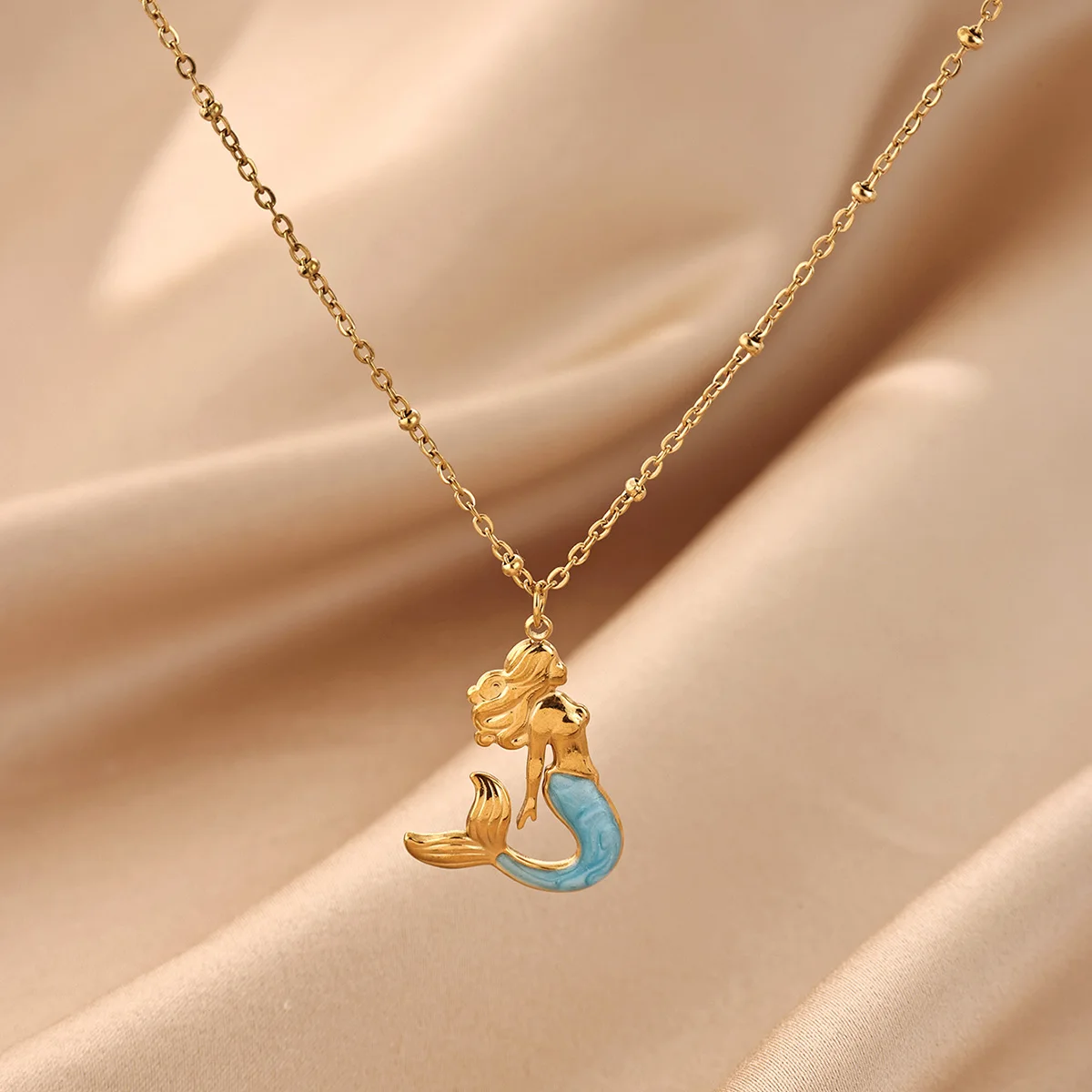 Blue Enamel Mermaid Pendant Necklaces For Women Gold Color Stainless Steel Beaded Chain Necklace Summer Beach Fashion Jewelry