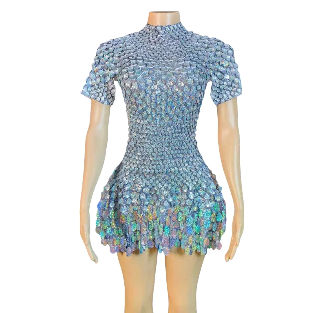 

Shell Short Sleeve Sparkly Sequins Dress For Women Drag Queen Costume Night Clubwear Ballroom Cheerleading Las Vegas Show