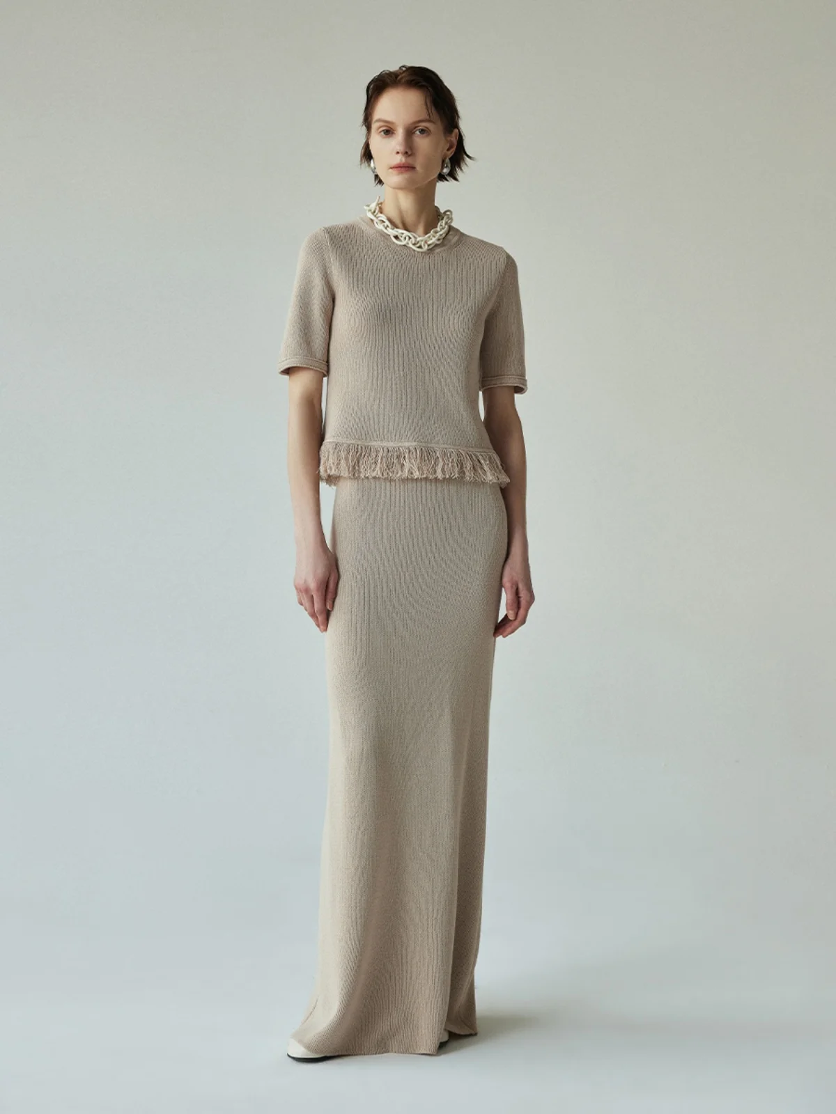 

High-End Dry Cool Feeling Cotton Handmade Fringe Short Sleeve Knitted T-Shirt Straight Long Dress Women's Fashion Summer Set