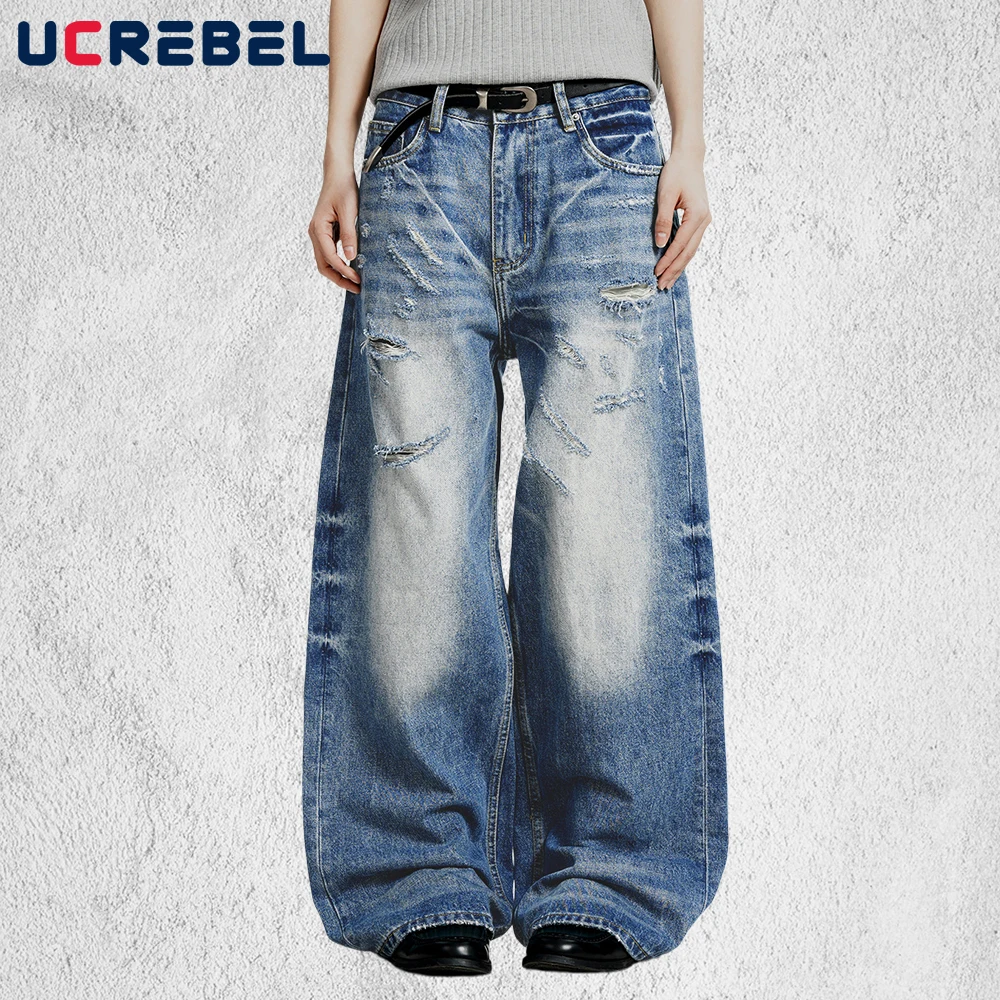 

Ripped Washed Distressed Jeans Mens Pocket Retro High Street Straight Baggy Wide Leg Denim Pants Man