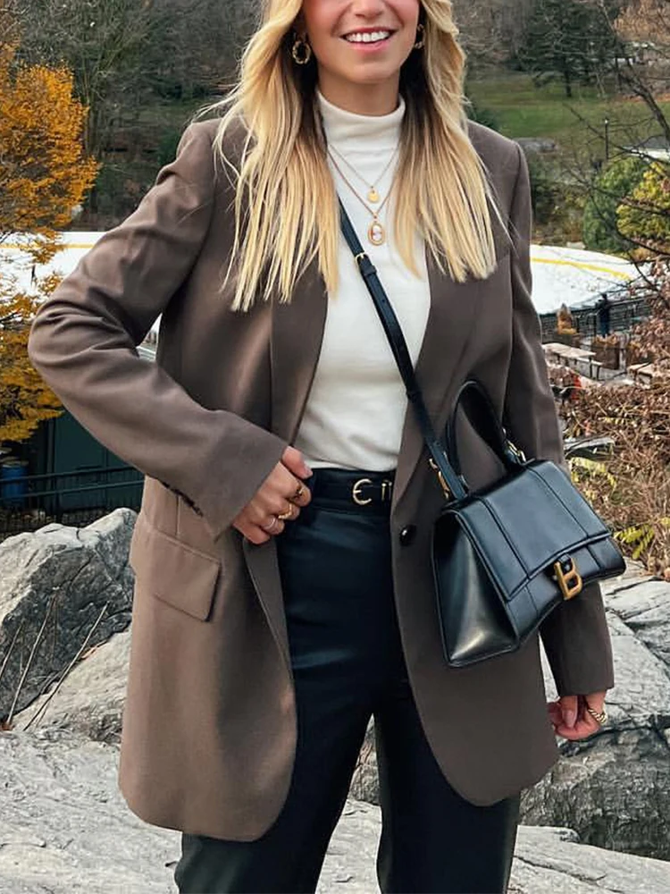 TRAFZA Woman Fashion 2024 Autumn Brown Office Lady Woman Suits Loose V Neck Blazer+High Waist Long Leg Pants Vintage Women Sets