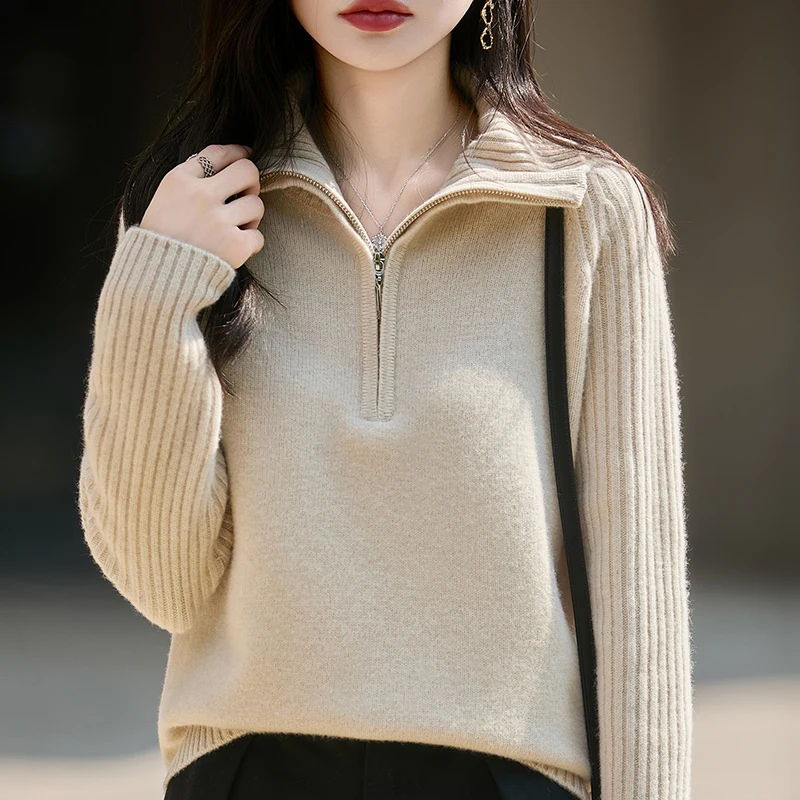 Damski sweter z wełny na jesień i zimę, z kołnierzem i zamkiem błyskawicznym, jednolity kolor, luźny i miękki, wysokiej jakości top.