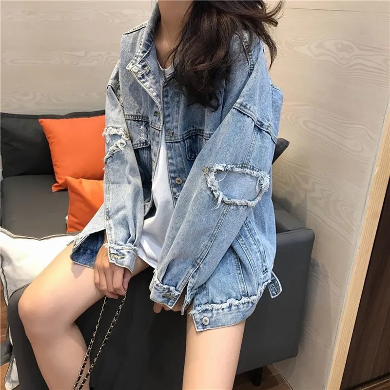 Vintage Denim Jacket Women's 2025 Spring Autumn New Loose Jeans Coats Student Bomber Streetwear Tops Ripped Denim Outwear Female