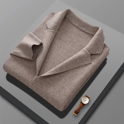 Men's Wool Jacket Sweater Top 2024 Autumn Winter 100% Merino Wool Men's Suit Collar Knit Cardigan Thickened Business Casual Coat