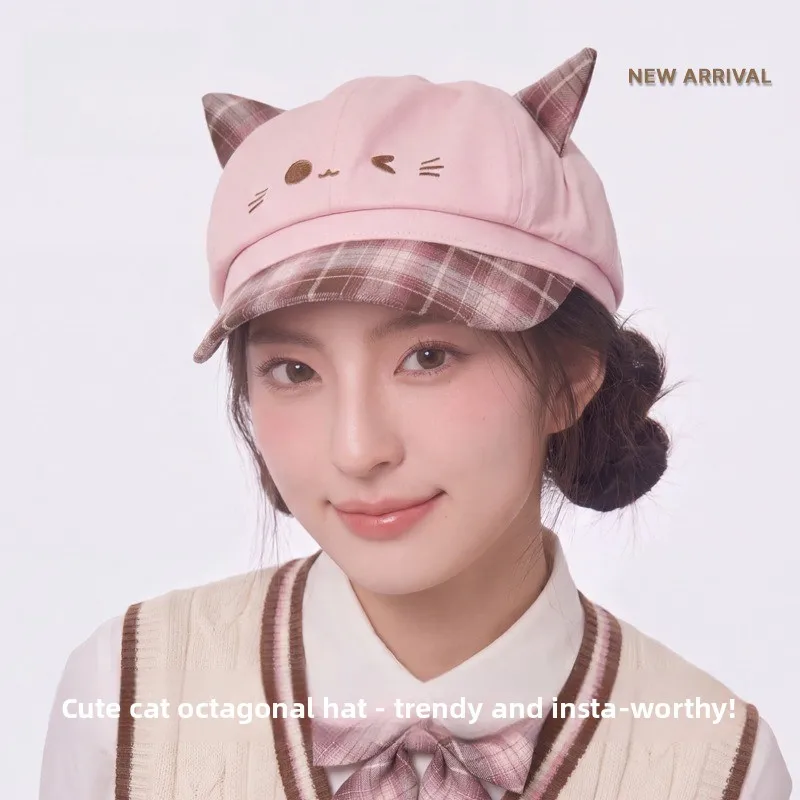 Korean Autumn New Fashion Cute Age Reduction Cartoon Cat Ears Star Anise Hat Girls Trendy Versatile Cute British Newsboy Hat