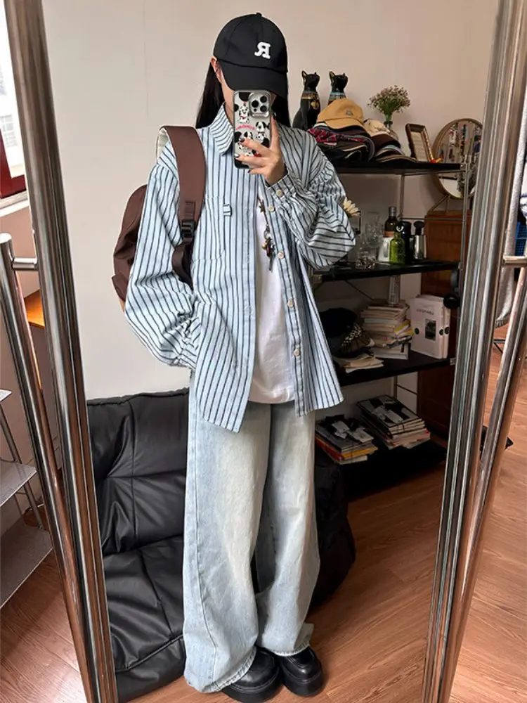 

Мужская повседневная рубашка с длинным рукавом в полоску, в американском ретро-стиле, для пар, верхняя одежда для весны и осени, премиум-класса, Haome