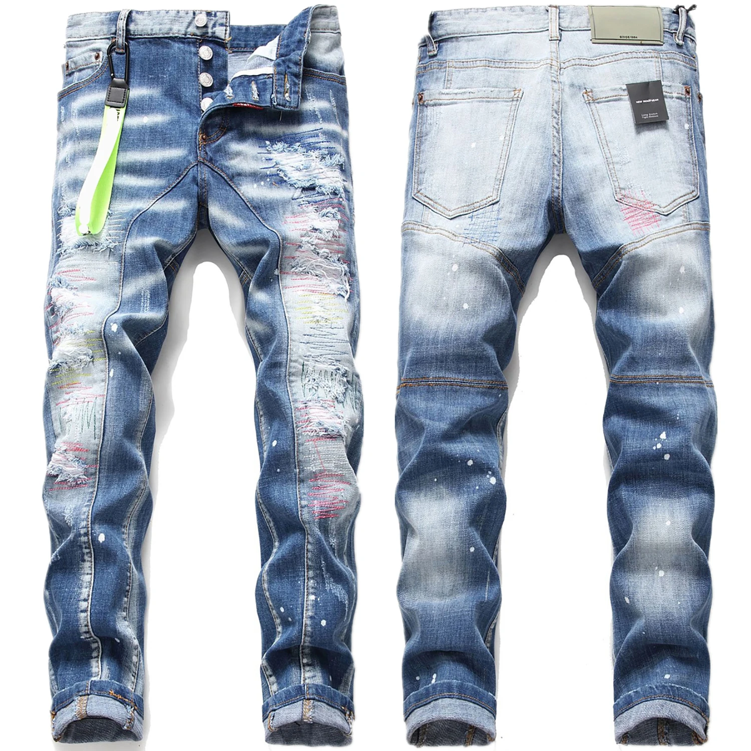 Light luxury men’s slim fit stitching decors blue denim pants high quality white ink splash scratches jeans sexy casual jeans;