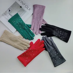 Guantes de cuero de gamuza con diamantes de imitación para mujer, manoplas cálidas para deportes al aire libre, ciclismo, conducción, pantalla táctil, moda, Invierno