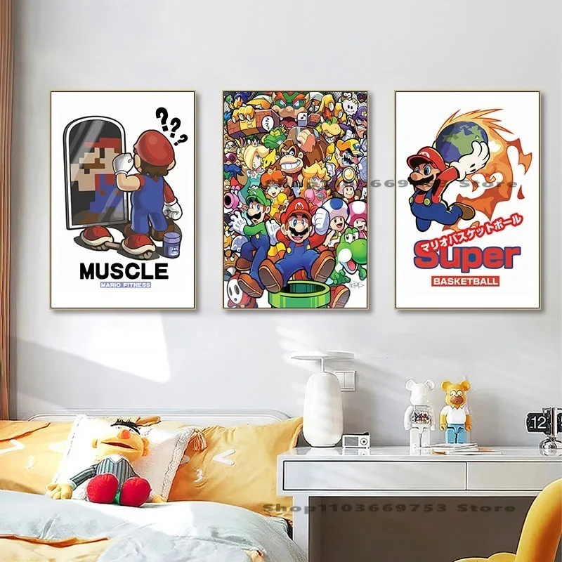 Super Mario Bros Cartoon Decorative Canvas Painting Room Restaurant Entrance Mural HD Print Poster Bedroom Bedside Wall Sticker