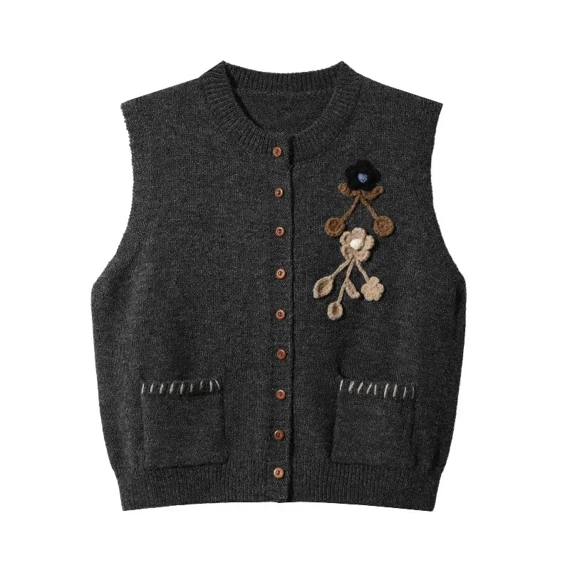 

Винтажный вязаный жилет с 3d цветами, женский осенне-зимний однобортный свитер без рукавов с круглым вырезом, повседневный жилет с перекрытием, топ