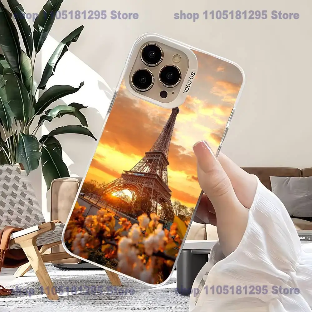 เคสโทรศัพท์ลายหอไอเฟล ปารีส สำหรับ iPhone17,16,15,14,13,12,11,Mini,Pro,SE,MAX,plus สีขาวด้าน ป้องกันการกระแทก
