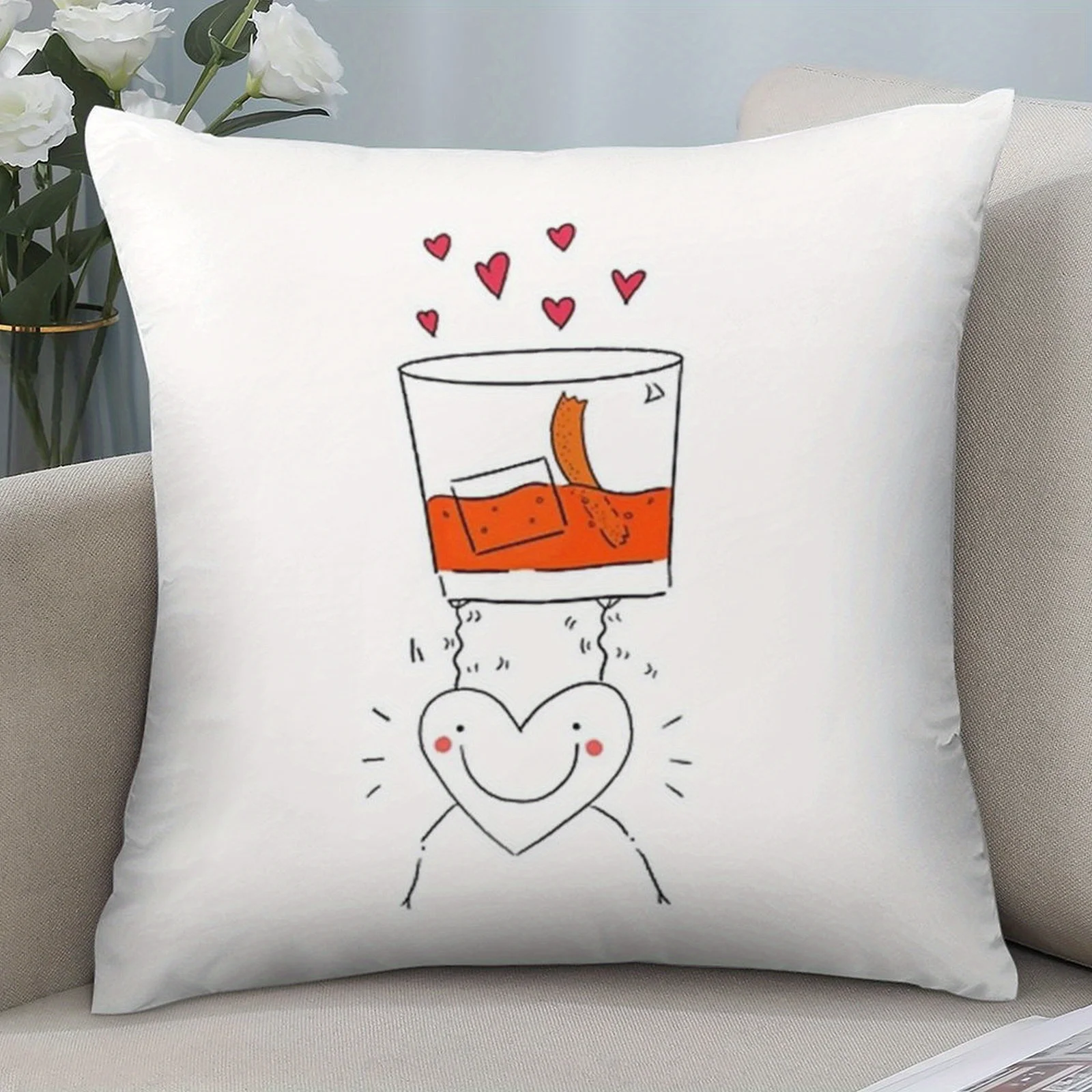Pillow Cover Fun Cocktail Heart Design Single Sided Soft Polyester  Closure Machine Washable Decorative Sofa Bed Home Decor