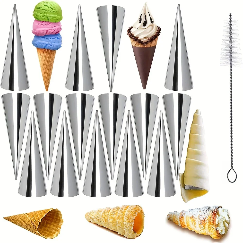 

[13pcs Stainless Steel Pastry Molds]13pcs Stainless Steel Horn Molds with Cleaning Brush,Cone-Shaped Pastry Tubes for Croissants